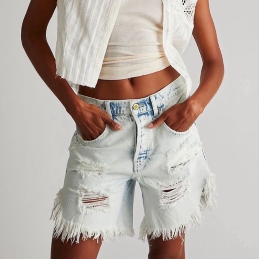 Free People Light Blue Distressed Denim Cutoff Shorts